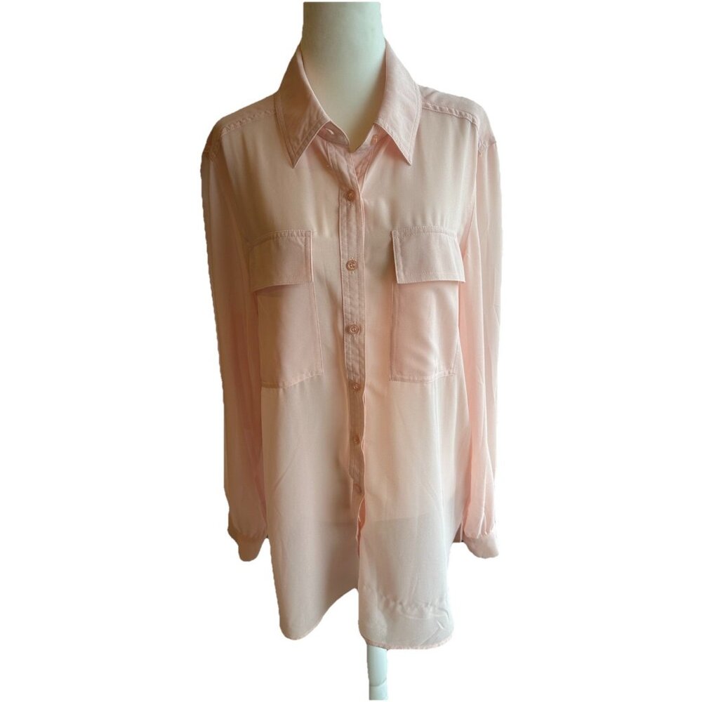 Blush Pink Sheer Blouse Sperse Button Up Roll Tab Sleeves Chest Pockets Sz XL